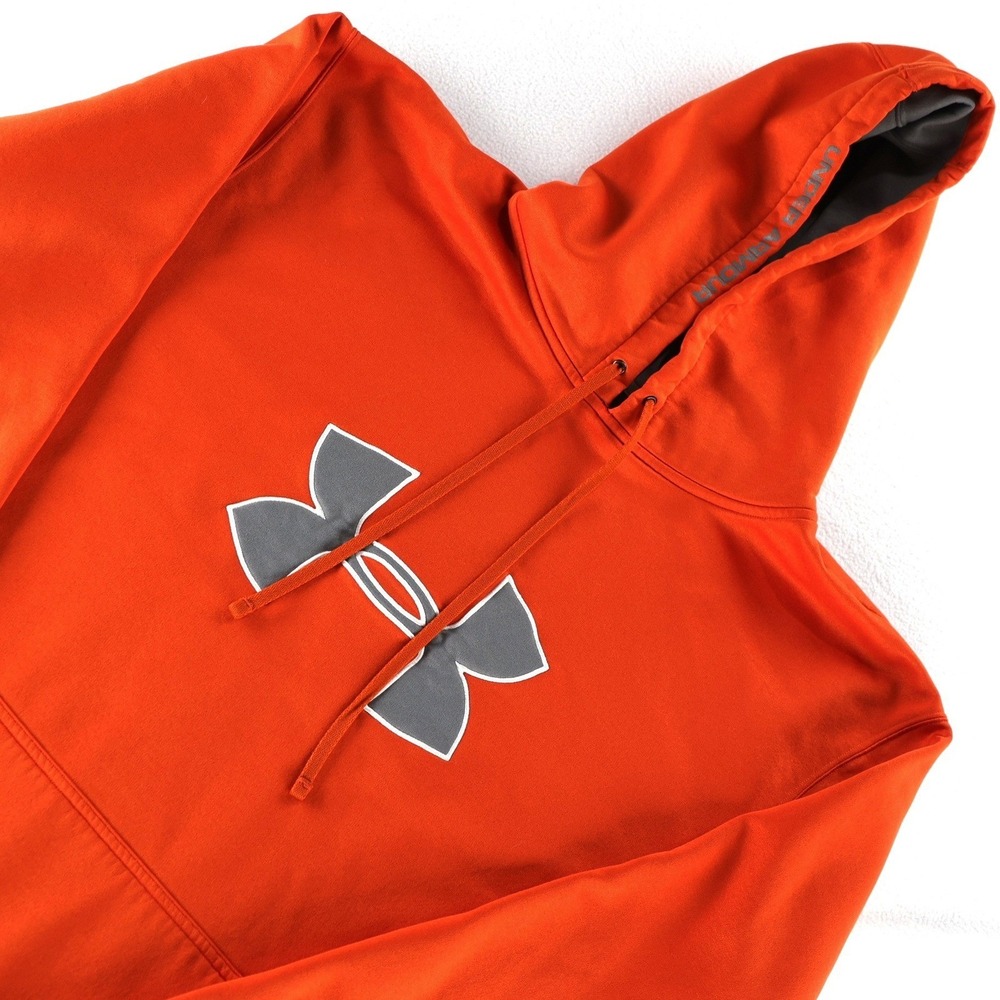 Under Armour‎ Mens Big Logo Hoodie Orange Grey Sweatshirt Fleece Lined XL